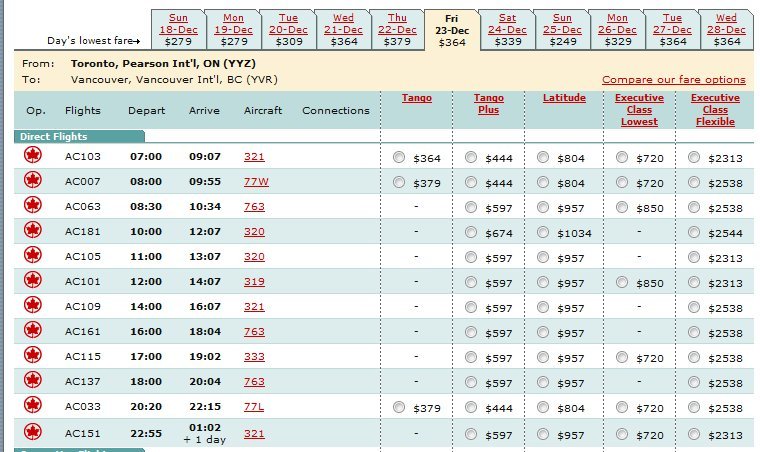 fares YYZ-YVR Dec 23rd as of Oct 23rd