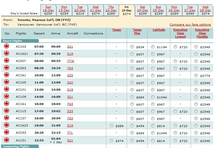 fares YYZ-YVR Dec 23rd as of Nov 7th