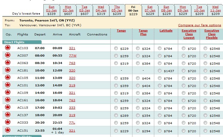 fares YYZ-YVR Jan 7th as of Nov 7th