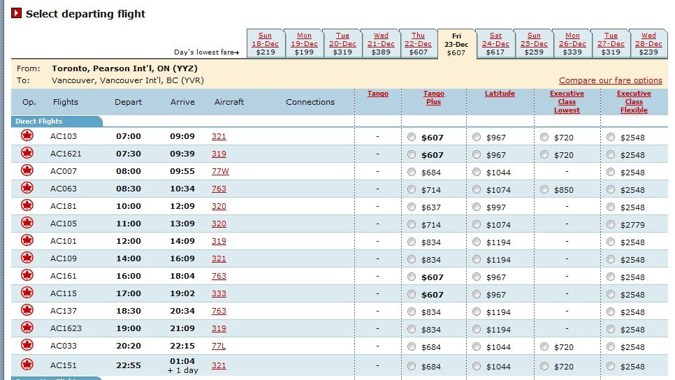 fares YYZ-YVR Dec 23rd as of Nov 24th