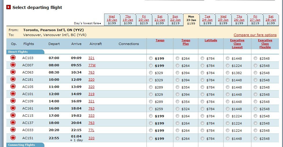 fares YYZ-YVR Jan 23rd as of Nov 24th